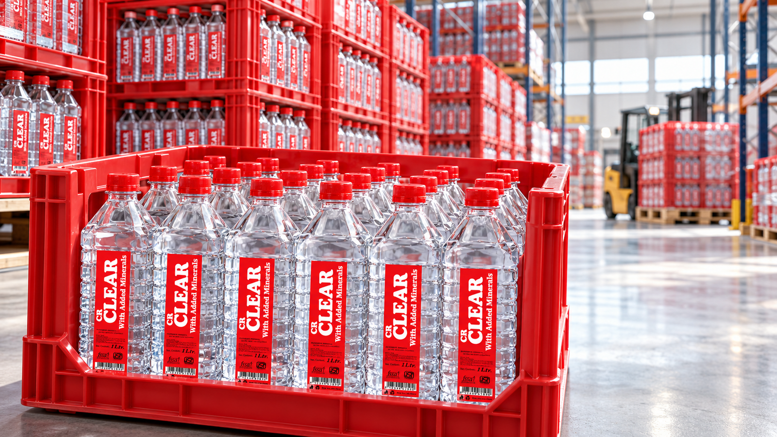 CR clear high-density palletized storage and heavy-duty red crates inside regional warehouse depot
